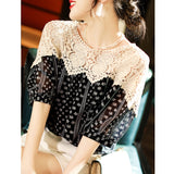 Lace Summer Print Blouse Loose Women Hollow Crochet Splice Sexy Shirt Lady Casual Short Sleeve O Neck Tops Female