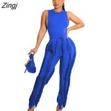 Sleeve Bodysuit and Pants Fringe Tassel Trousers Two Piece Set Tracksuit Fall Women Clothing Sexy Skinny