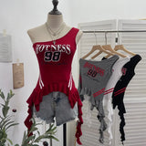 Shooting Retro Jersey Vest Letter Print Oblique Shoulder Hottie Wearing Lotus Edge Ribbon Ribbon Short Top
