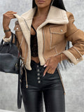 Fleece Patchwork Suede Winter Warm Jackets Women Casual Long Sleeve Lapel Neck Zipper Outerwear Street Party