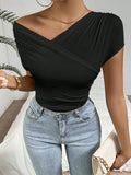 Spring And Summer Explosion Folding Collar V Collar Sexy Blouse Lady Short-Sleeved