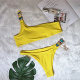 Zingj New Swimsuit Luxury Crystal Diamond Chain Female Split Swimsuit Plain Color One Shoulder Sexy