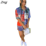 Fashion Women Summer Bandana Print Tshirt Mini Dress Sexy Short Sleeve Blouse Turn-Down Neck Casual