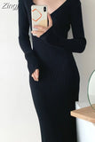 Korean Style Sexy Knitted Bodycon Dress Women Autumn Winter 2023 Streetwear Slim V-neck Long Sleeve Sweater Long