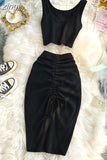 Summer Women 2pcs Set Black/Red Vintage Round Neck Knitted Short Tops + Drawstring Bodycon Skirt Female Two Piece Set