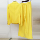 Star New Temperament Fashion Diamond Strip Open Fork Suit Straight Trousers Set Two