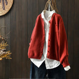 Spring And Autumn Knitted Cardigan Coat Women Retro Literature And Art Loose Leisure Long-Sleeved Sweater