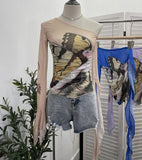 One-Shoulder Horn Long-Sleeved Mesh Yarn-Print T-Shirt With Short Tight Top