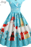 Santa Claus Print Vintage Women Elegant Christmas Party Dress Robe Femme 3XL Casual V Neck Winter Midi