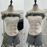 Shooting Retro Pu Skin Spliced Hair Bra Bra Strap Chest Punk Hottie Skin Buckle Waist Short Top