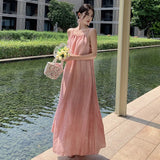Zingj Dress Female Loose Show Thin Big Skirt Pleated Sleeveless Shoulder Cut Long