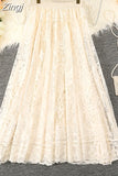 Summer Solid Lace Skirt Women Sweet Mesh High Waist Elegant Office Ladies Korean A-Line Long Skirts