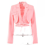 Gray Double Layer Bandage Slim Blazer Women Long Sleeve Pocket Short Jacket Female Notched Collar Outwear Tops 2023
