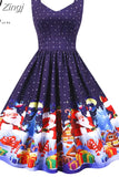 Winter Women Christmas Dress Sexy Spaghetti Strap Vintage Midi Party Vestidos Robe Femme Santa Snowflake Print Xmas