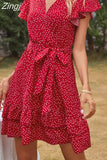 2023 Women Dress Boho Floral Ruffle Short Mini Dress Summer Knot Sexy V-Neck Party Holiday Dress Femme vestido de