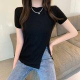 Zingj Summer Wear New Net Red Ins Super Fire Slim Versatile Side Slit Black Short-Sleeved T-Shirt Women's Chic Top