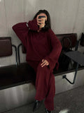 And Winter Solid-Color Lap-Over Sweater Set Women's Loose Knit Polo Collar Sweater Broad Leg Pants