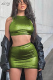 Fashion Silky Concise Two Piece Set Women Sleeveless Skinny Vest+Drawstring Hip Skirt Lady Vacation Clubwear