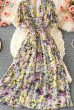 Bohemian Floral Long Dress For Women Sexy V-Neck Short Sleeve High Waist A-Line Big Swing Vestido Casual Blue Robe