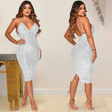 Zingj New Pure Color Sequins Sexy Halter V Collar Dress Dress