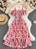 Sexy Slash Neck Spaghetti Strap Midi Dress Women Casual Off Shoulder Short Sleeve Vacation Beach Robe Female