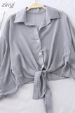 2023 Summer Half Sleeve Buttoned Up Shirt Loose Casual Blouse Chiffon Shirts Women Tied Waist Elegant Blouses for