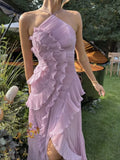 Spring And Summer New Folded Lotus Leaves Hanging Neck Bare Back A Swing Chiffon Fluttering Long Skirt