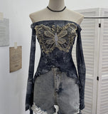 Shot Raging Butterfly Embroidery Y2k Babes Punk Word Shoulder Tie-Dye Mesh T-Shirt With Short Top