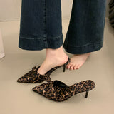 And Summer 2025 New Korean Version Of High-Heeled Women's Slippers Leopard Bow One-Footed Pedaled Women's Shoes Fine