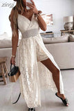 Lace Long Dress Women Off Shoulder Sleeveless Sundress Ladies Spaghetti Strap Beach Dress Solid Deep V Neck Robe