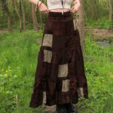 Vintage Crumbat Splicing Half-Body Skirt Holiday High-Waisted Thin A-Shaped Skirt New Mid-Long