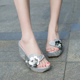 Women's Korean Version Of Fashion Casual High-Heeled Shoes With Transparent Flowers Water Drilled Outside Wearing A Word