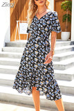 Ladies Summer Dress Women Casual Short Sleeve Ruffles Floral Print Holiday Style Chic Long Dress Beach Chiffon