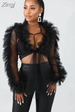 Shirts Mesh Sheer See Through Ruffles Long Sleeve Crop Tops Deep V-neck Lace-up Blouses Party Outwear 3