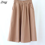 100% Cotton Midi Summer Skirt Women 2021 Fashion Korean Pocket A-line Sun School Black White High Waist Skirt