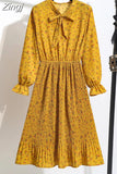 Women Elegant Casual Floral Print Autumn Winter Pleated Dress Vintage Bow Collar Long Sleeve Chiffon Shirt Dress 2023 Robe