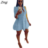 Women Casual Lapel Collar Mini Dress Casual Solid Pleated Puff Sleeve Button Up Ruffled Hem Shirt Dresses Bohemian