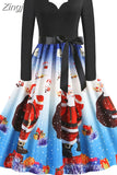 Women Christmas Dress Long Sleeve Vintage Elegant V Neck Print Big Swing Party Xmas New Year Winter Clothes S~3XL