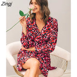 Heart Printing V-neck Long Sleeve Mini Dress For Women Sexy Wrap Tie Party A-line Dress 2023 Summer