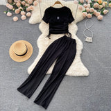 Zingj Female Pleated Drawstring With Short-Sleeved Top Pendant Wide-Leg Pants Two-Piece