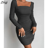 Square Collar Ruched Dresses Women Sexy Slim High Waist Casual Female Clothing Solid Long Sleeve Backless Mini
