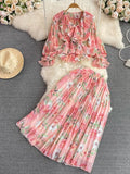 Floral Printed Two Piece Set Spring Autumn V-Neck Ruffle Draped Flare Sleeve Chiffon Blouse+High Waist Pleated Skirt