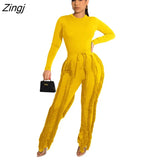 Sleeve Bodysuit and Pants Fringe Tassel Trousers Two Piece Set Tracksuit Fall Women Clothing Sexy Skinny