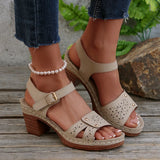 Retro Casual Roman Style Round Head Sandals Women New Hollow Pattern High Heel Buckle With Large Size
