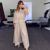 Zingj 2024 New Solid Color Mesh Splicing Coat Casual Wide-Leg Pants Suit Women-Outfit