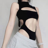 Hexing Fashion Solid Color Sexy Hollow Bodyless Collar Sleeveless Irregular Vest