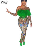 Women Two Piece Set Feathers Print Strapless Crop Tank + Long Pants Sportsuit Clothes For Women