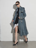 2025 New Design Feeling Takes The Waist Long Joker Wash Old Denim Trench Coat