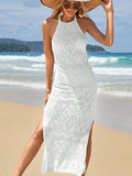 Beach Dress Hollow Knitted Neck Sling Sexy Bare Back Fork Long Tie-Shirt