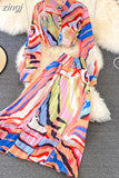 Women Printed Chiffon Two Piece Set Female Turn-Down Collar Single Breasted Blouse + High Waist Pleated Skirt Suit
